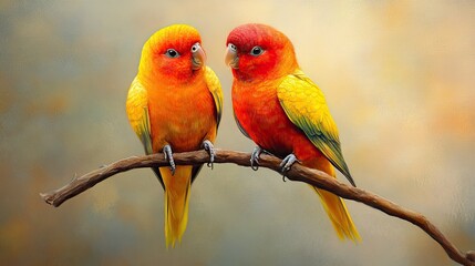 Obraz premium Bright and Colorful Tropical Birds Perched Together on a Branch, Showcasing Vibrant Feathers and a Serene Background in Soft Focus for Nature Lovers