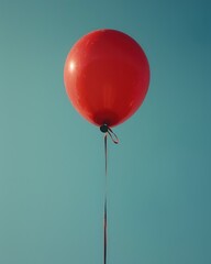 Single red balloon floating against a clear blue sky.