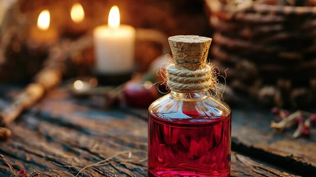 close up red potion bottle, health elixir on rustic table 