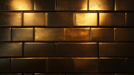 Gold bars arranged in a brick wall pattern, rendered in 3D with smooth edges and a highly reflective surface for a premium design
