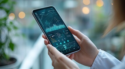 A close-up of a person holding a smartphone displaying a mobile app interface with fitness tracking, representing health and technology integration, ideal for wellness apps or fitness-related 