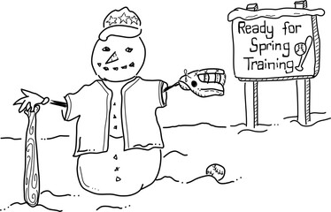 Hand-drawn snowman playing baseball vector. 