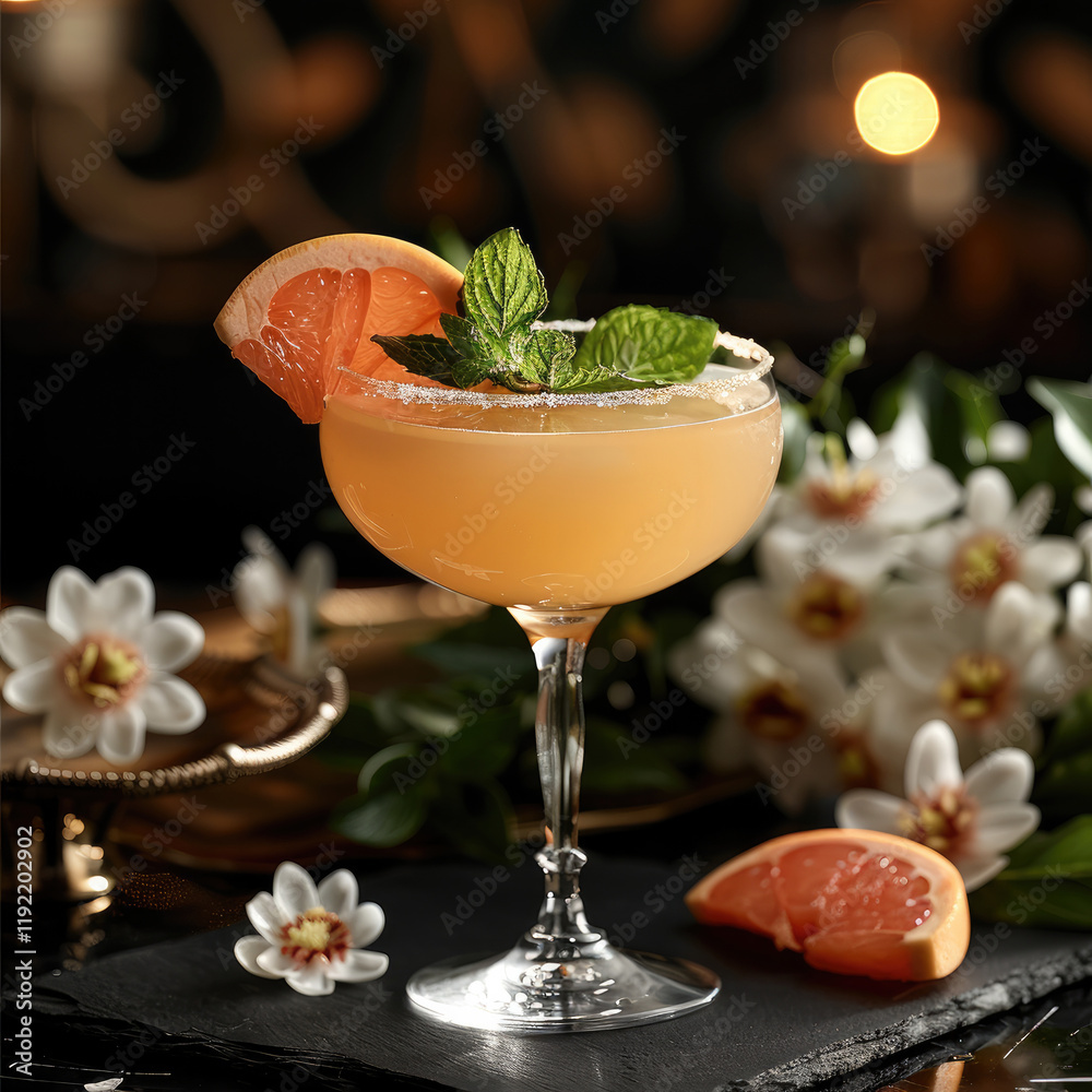 Wall mural Grapefruit Honey Whiskey made with whiskey, grapefruit juice, severe in an elegant coupe glass. garnished with slice grapefruit and mint. placed on the black slate surface with white flowers.