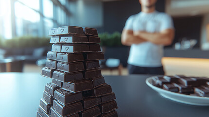 A creative tower built with stacked chocolate bars on a tabletop during a casual indoor game. The playful setting blends food, fun, and balance challenges, offering a whimsical take
