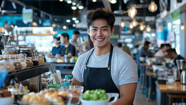 smiling handsome young Asian man working at coffee shop and restaurant, smiling wearing apron