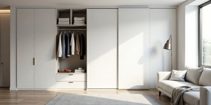 Modern minimalist bedroom with built-in sliding door wardrobe and comfortable sofa