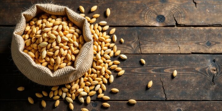 A burlap sack overflowing with pale golden seeds spills onto a rustic wooden surface, creating a visually appealing composition.