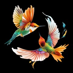 Obraz premium Vibrant Hummingbirds in Mid-Flight with Colorful Feathers Displaying Nature's Elegance Against a Dark Background