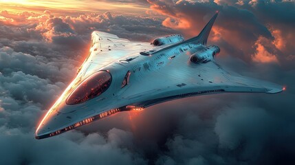 Futuristic spacecraft soaring through vibrant clouds at sunset over an alien landscape