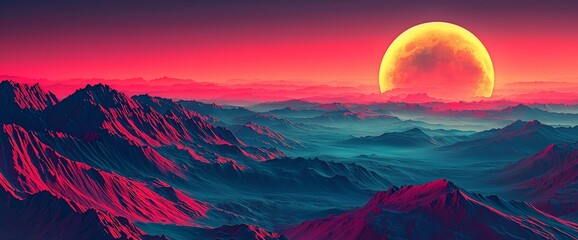 Vibrant sunset over a surreal mountain range with a large, glowing moon.