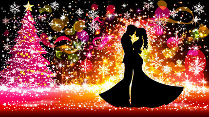 Silhouette of a couple dancing under colorful glowing lights creating a magical and romantic evening atmosphere
