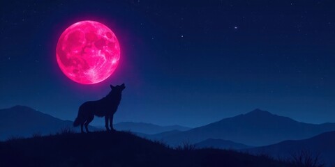 Serene Night A Lone Wolf Howls Under a Vibrant Pink Moon, Silhouetted Against a Dark Mountain Range