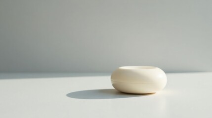 A minimalist cream-colored container sits on a bright white surface, bathed in soft sunlight.  The simple design and elegant shadow create a serene and calming atmosphere.