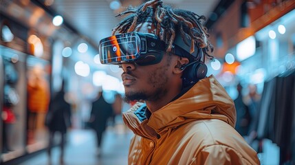 A shopper using augmented reality glasses to visualize how the clothes fit in a showroom. Bright lighting creates a welcoming, innovative environment.