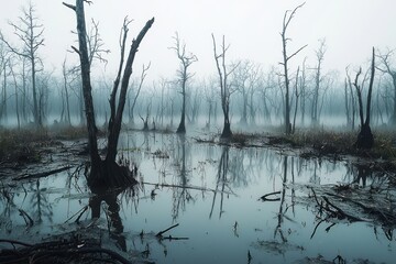 Eerie Swamp Trees Reflected in Misty Water Creates a Haunting Landscape Photography.