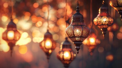 Illuminated lanterns hanging outdoors at night, warm bokeh background, festive atmosphere, ideal for holiday cards
