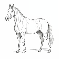 Full body horse sketch isolated on white background. Pencil hand drawing. Black and white image. Generative ai