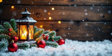 A Festive Winter Scene Featuring a Lit Lantern, Evergreen Boughs, and Red Ornaments Resting on a Snowy Surface Against a Wooden Background