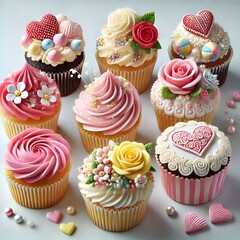 A delightful assortment of cupcakes adorned with intricate frosting and charming decorative elements displayed