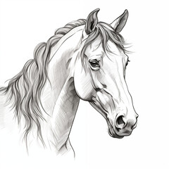 Horse's head, isolated on a white background, simple black and white sketch, icon, minimalism, no people, close-up, concept, funny