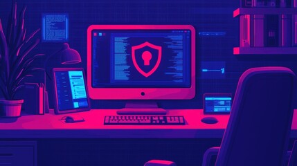 Secure Digital Workspace with Computer and Cybersecurity Graphics