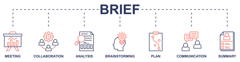 Brief banner web icon vector illustration concept with icon of meeting, collaboration, analysis, brainstorming, plan, communication, summary