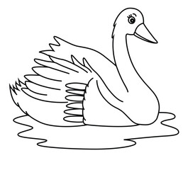 Cute cartoon hand drawn vector swan floating in water coloring page.