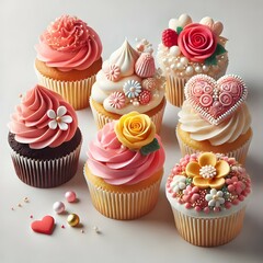 A delectable assortment of seven cupcakes adorned with colorful frosting and intricate decorations displayed closely