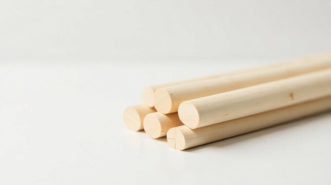 Smooth, Light-Colored Wooden Dowels Arranged in a Neat Stack on a Plain White Surface