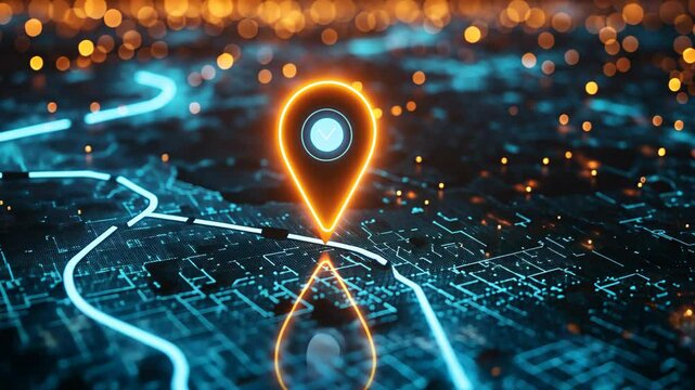 neon light  location icon shine on digital futuristic circuit 