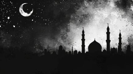 Night cityscape, crescent moon, stars, mosque, peaceful background.  Ramadan greeting card