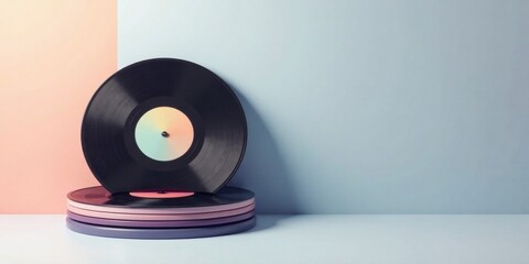 A stack of vinyl records against a pastel backdrop featuring a single prominent record on top, creating a visually appealing and nostalgic scene.