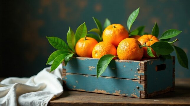 A rustic, teal-colored wooden crate overflowing with vibrant, sun-ripened oranges, nestled amongst lush green leaves, sits on a dark wooden surface, next to a soft, white cloth.