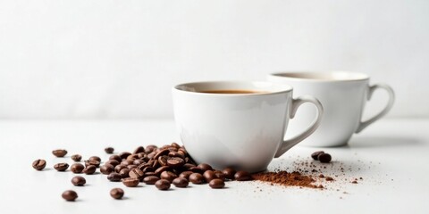 Aromatic Coffee Beans and Two Cups of Fresh Brewed Coffee on a White Surface © Sumrit