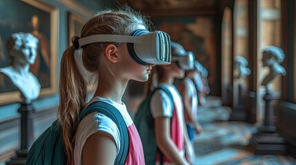 Obraz premium Students explore virtual reality in an art gallery filled with classic sculptures during a school field trip