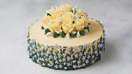 A delicious cake decorated with white flowers and chocolate chips on a white surface in a studio shot