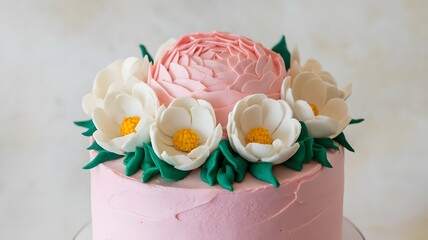 A pink cake decorated with white and pink flowers and green leaves on top against a white background