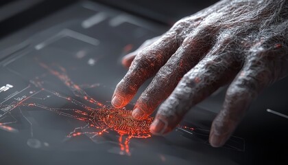 Hand touching futuristic glowing fingerprint scanner.