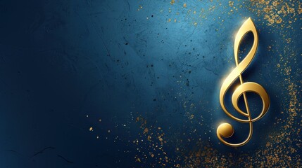Golden treble clef on blue textured background, music event invitation