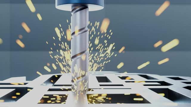 Close up of universal CNC drilling machine with sparks from drilling.