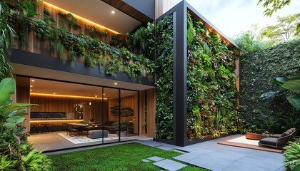 Fototapeta premium 3D rendering of a home with vertical garden, green wall filled with lush plants, innovative and sustainable design, bringing nature into urban living spaces