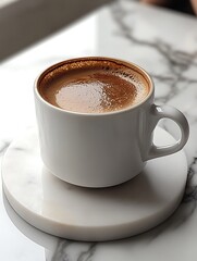 A modern minimalist caf&eacute; table set against a pristine white backdrop, featuring a steaming cup of coffee in sharp focus. The high contrast enhances the details and rich color of the coffee, 