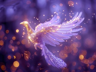 Obraz premium Magical purple bird with sparkling wings in flight, surrounded by bokeh lights.