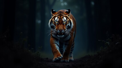An angry tiger is walking along a forest path in search of prey