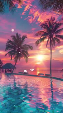 beautiful poolside and pinkies sunset sky with palm trees seamless looping overlay 4k virtual video animation background