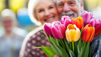 Seniors enjoying a joyful moment together while holding a bouquet of vibrant tulips in a sunny outdoor setting