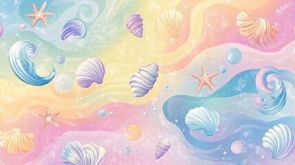 Seamless pastel background with whimsical seashells, starfish, and oceanic patterns, blending rainbow colors for a magical mermaid theme