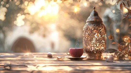 Golden hour tea, Moroccan lantern, outdoor setting, peaceful background, ideal for relaxation themed content