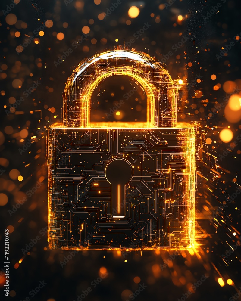 Aufkleber futuristic golden padlock with integrated electronic circuits, symbolizing password security technol