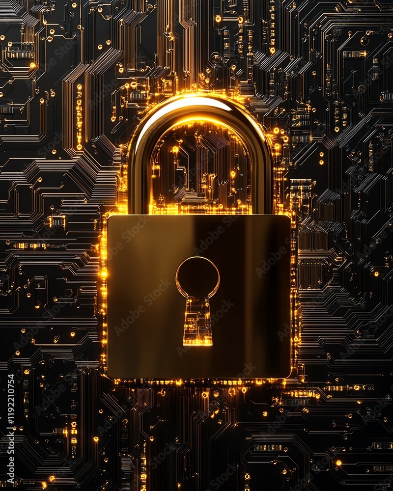Poster Futuristic golden padlock with integrated electronic circuits, symbolizing password security technology, fraud prevention, and safeguarding confidential data in a digital network